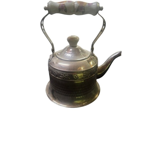 Namyang Kitchen Other - Vintage Floral Stamped Stainless Steel Tea Kettle Floral Ceramic Handle Korea